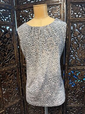 Calvin Klein Size XL Sleeveless Leopard Print Shell Top - Black, Tan & White